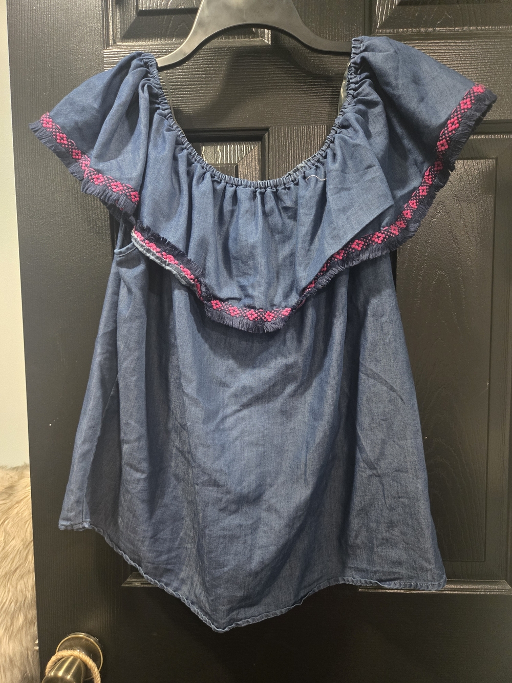 Signature Studio Blue Chambray Off-Shoulder Top with Pink Trim